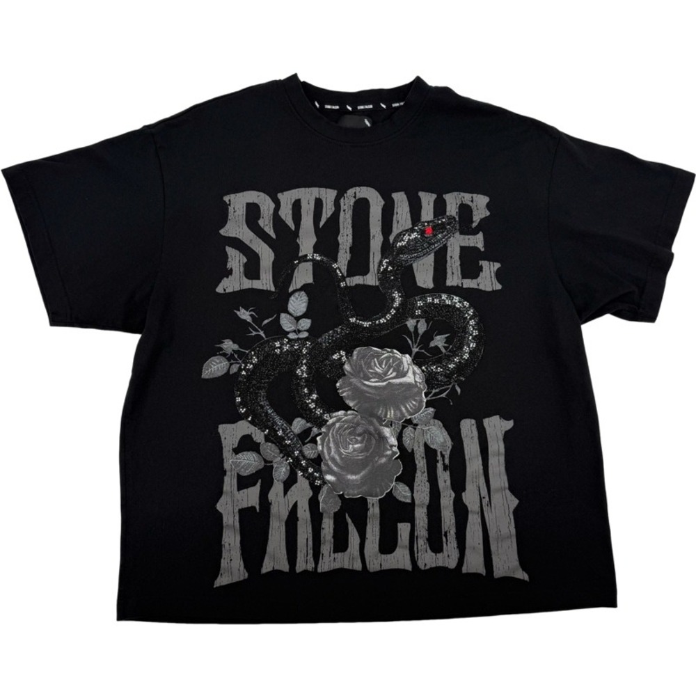 STONE FALCON XL T-Shirt Black Snake Rose Rhinestone Graphic Streetwear Tee